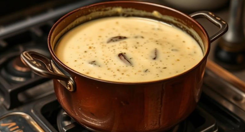 rustic pan of mushroom soup