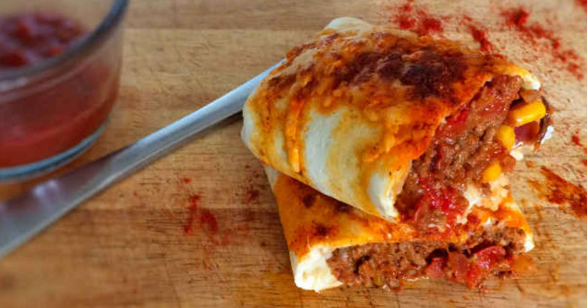 chilli burrito with chees and bbq sauce