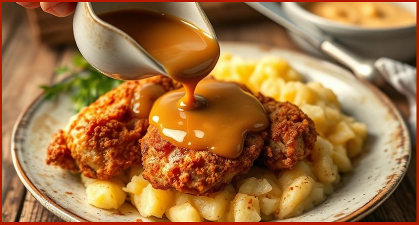 southern fried chicken gravy being poured from a rustic gravy boat onto a rustic plate of crispy chicken and mashed pottoes