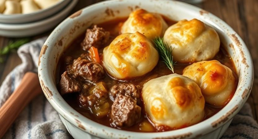 lamb cobbler in a white rustic bowl, topped with baked dumpling topping