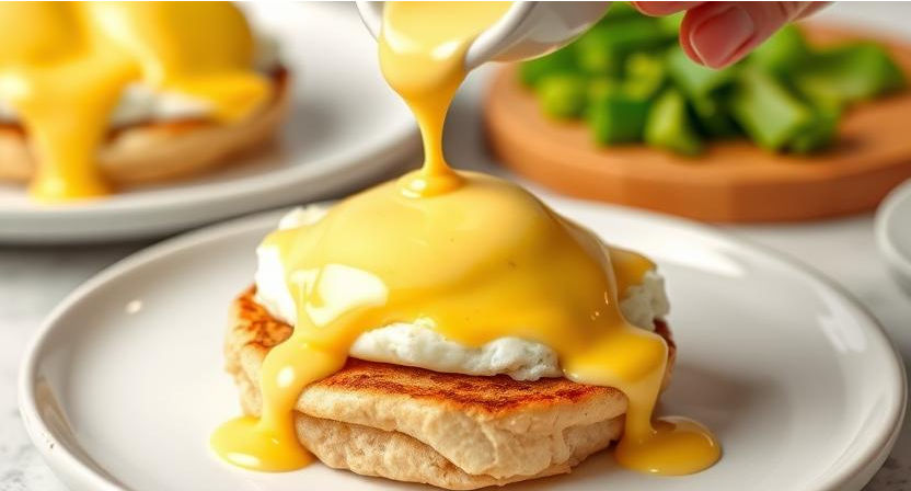 hollandaise sauce being poured over eggs benedict