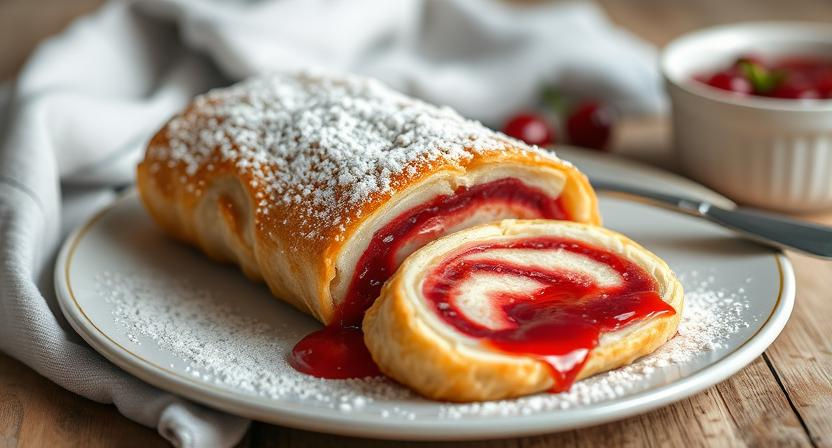 jam roly-poly with a slice cut, jam oozing out