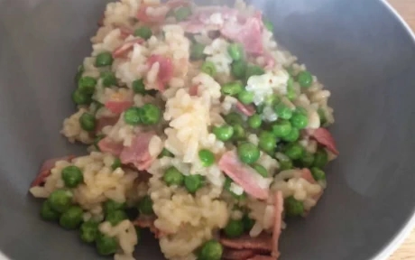 bowl of bacon and pea risotto
