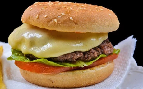burger in a bun with cheese and salad