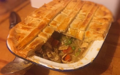 Chicken and vegetable pie in a pie dish