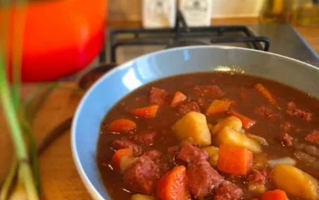 bowl of corned beef stew and vegetables