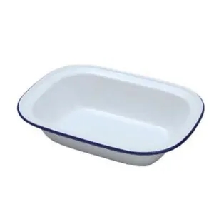 white and blue tin pie dish