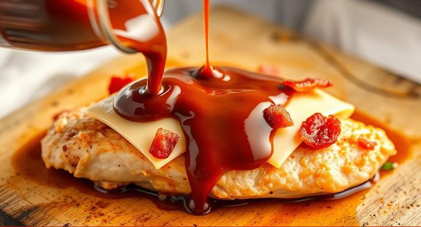 bbq sauce being poured over a chicken breast