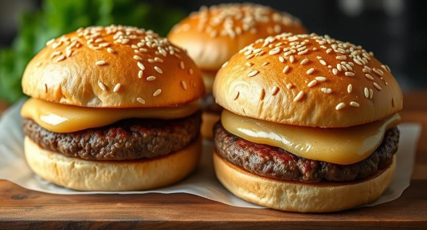 three burgers in sesame seed buns