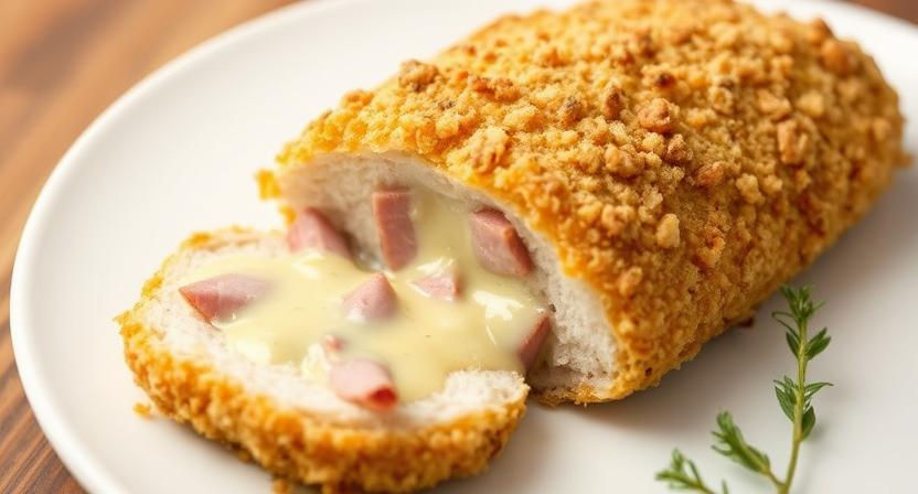 A chicken kiev with ham and cheese sauce