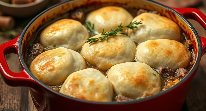 lamb cobbler with a suet dumpling top in a rustic dutch oven