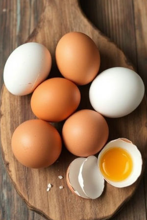 eggs on a rustic board, with some open egg shells brown and white