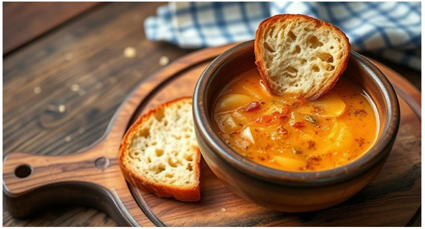 French onion soup in a rustic bowl with a cheesy breat crouton