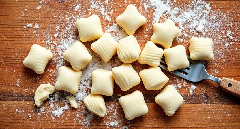 gnocchi, shaped and rolled with a fork to leave ridges on a floured rustic wooden board