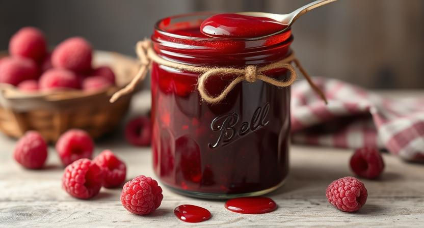 a jar of strawberry jam with a spoon in it