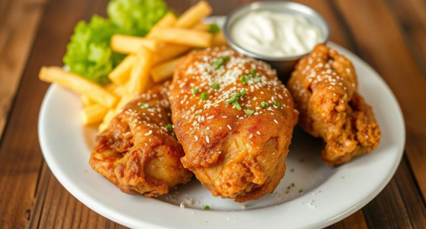 fried chicken on a plate with salad and golden fries