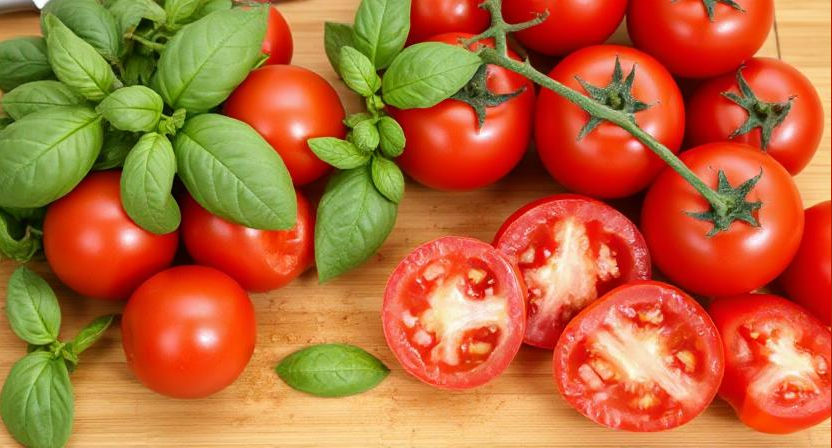tomatoes and basil on a chopping board